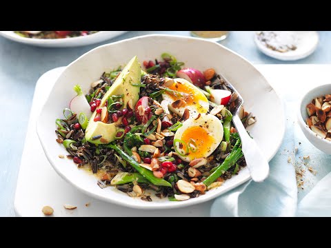 Easy Wild Rice Salad with Pomegranate, Charred Broccolini and Eggs!