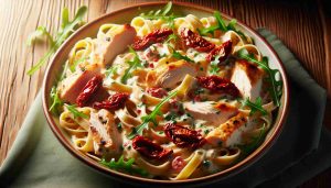 Chicken Fettuccine Alfredo with Sun-Dried Tomatoes and Arugula