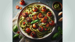 Garlicky Pesto Linguine with Roasted Cherry Tomatoes