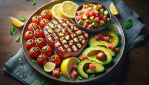 Lemon Garlic Tuna Steaks with Tomato Avocado Salsa