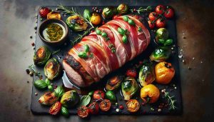 Prosciutto-Wrapped Pork Tenderloin with Roasted Vegetables and Herb Sauce