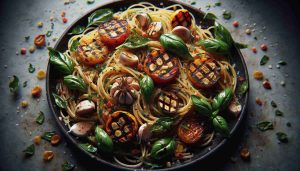 Roasted Garlic and Basil Spaghetti with Grilled Bell Peppers