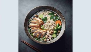 Luxurious Noodle Soup with Tender Chicken and Fresh Vegetables