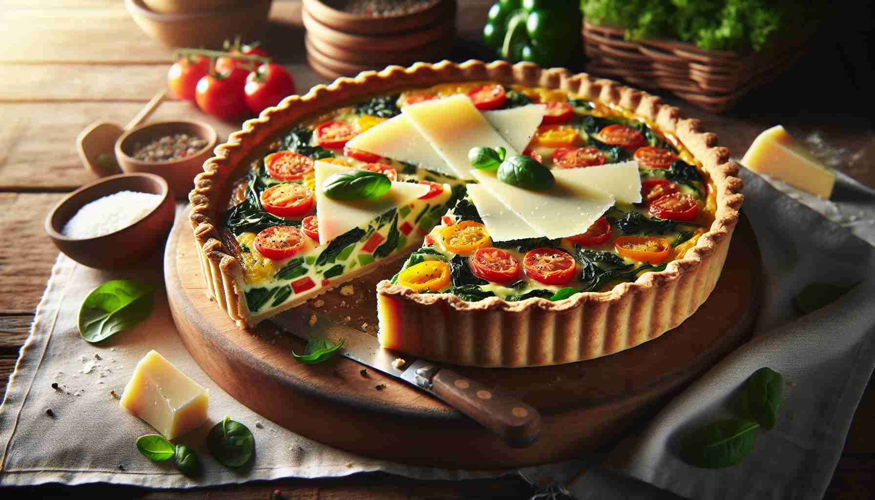 Quiche Tart Exquisitely Crafted with Fresh Vegetables and Gruyere Cheese