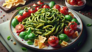 Exquisite Pesto Pasta with Marinated Cherry Tomatoes and Parmesan Crisps