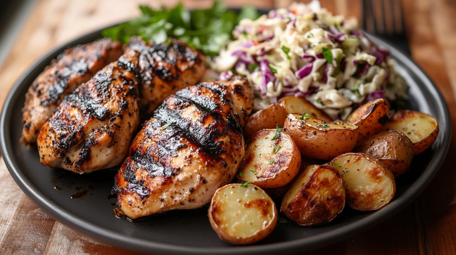 Title: Balsamic Chicken with Roasted Red Potatoes and Creamy Cabbage Slaw